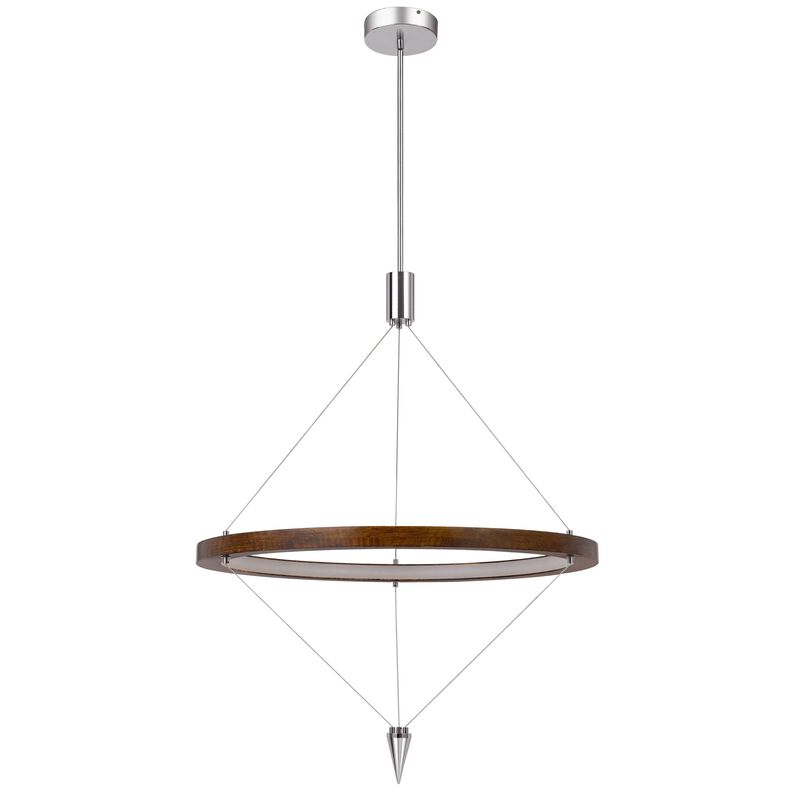 Erbo 11 Inch Pendant Light Fixture, Dimmable LED, Pine Wood and Chrome - Benzara