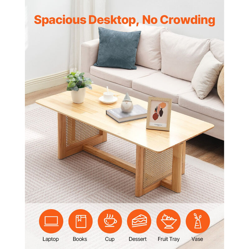 Rectangular Wood Rattan Coffee Table with Double Storage Layers, Modern Design
