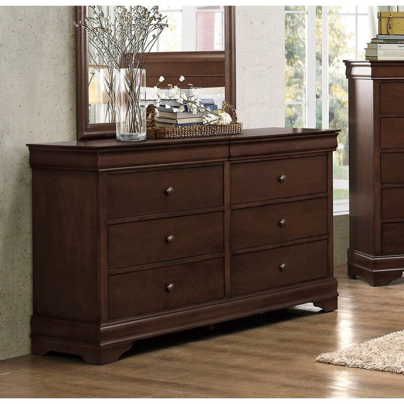 Brown Cherry Finish Louis Philippe Style Bedroom Furniture 1pc Dresser of 6x Drawers Hidden Drawers Wooden Furniture