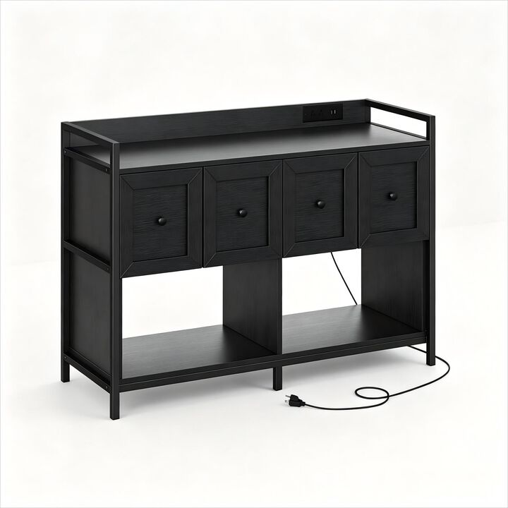 File Cabinet with Bookshelf Organizer, 43"W Wood File Cabinet with Power Outlet, 2 Drawers, 2 Open Storage Shelves, File Storage Fits Legal/A4 Size