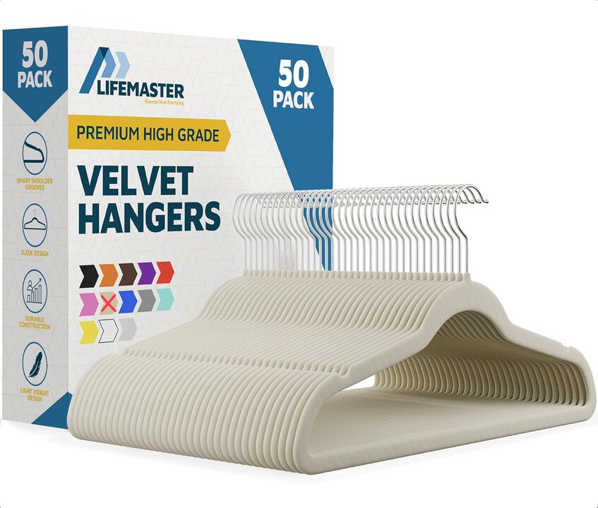 Velvet Non-Slip Hangers - 50 Pieces Non-slip Coat Hanger Set with 360&deg; Swivel Hook, Space-Saving, Sleek Design, Keep Closet Organized, Smooth Velvet Finish, Lightweight Construction - Ivory