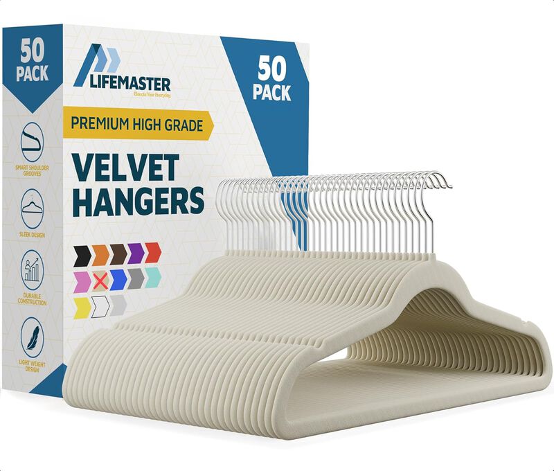Velvet Non-Slip Hangers - 50 Pieces Non-slip Coat Hanger Set with 360&deg; Swivel Hook, Space-Saving, Sleek Design, Keep Closet Organized, Smooth Velvet Finish, Lightweight Construction - Ivory image number 0