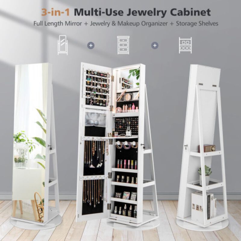 Hivvago 360° Rotating Mirrored Jewelry Cabinet Armoire 3 Color LED Modes Lockable