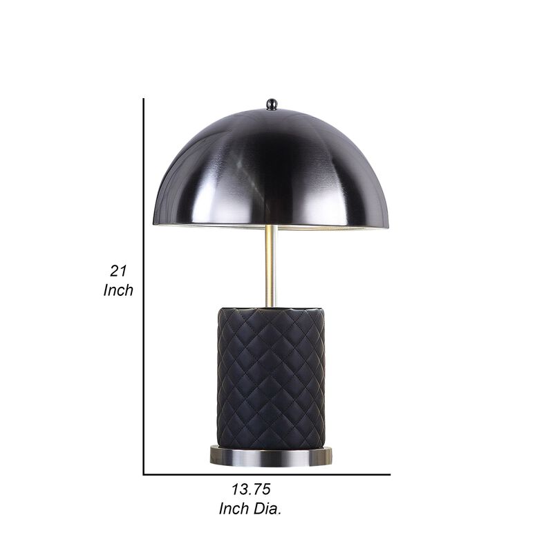 Aria 21 Inch Table Lamp, Round, Dome Shade, Dark Silver, Black Faux Leather-Benzara