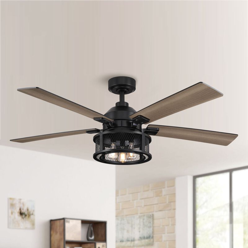 52 in. Industrial Mesh Metal Reversible Blades Black Ceiling Fan with Light and Remote