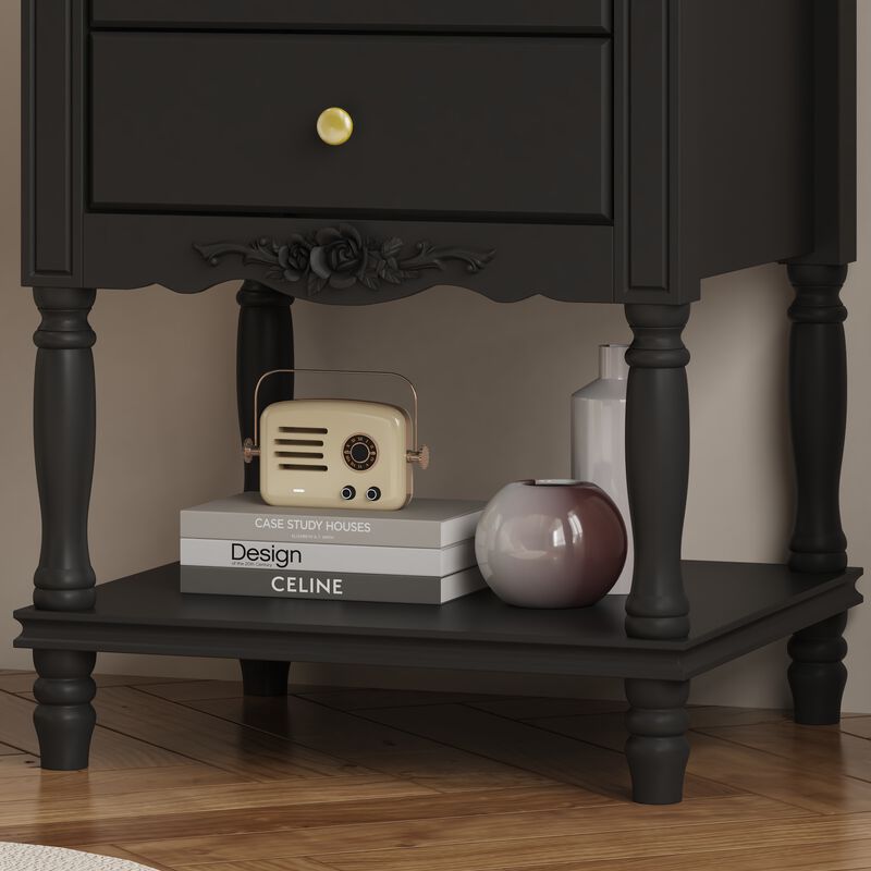 FUFU&GAGA 2-Drawer Nightstand with Metal Handles and Black Finish (19.7" W x 16.9" D x 25.2" H), Black