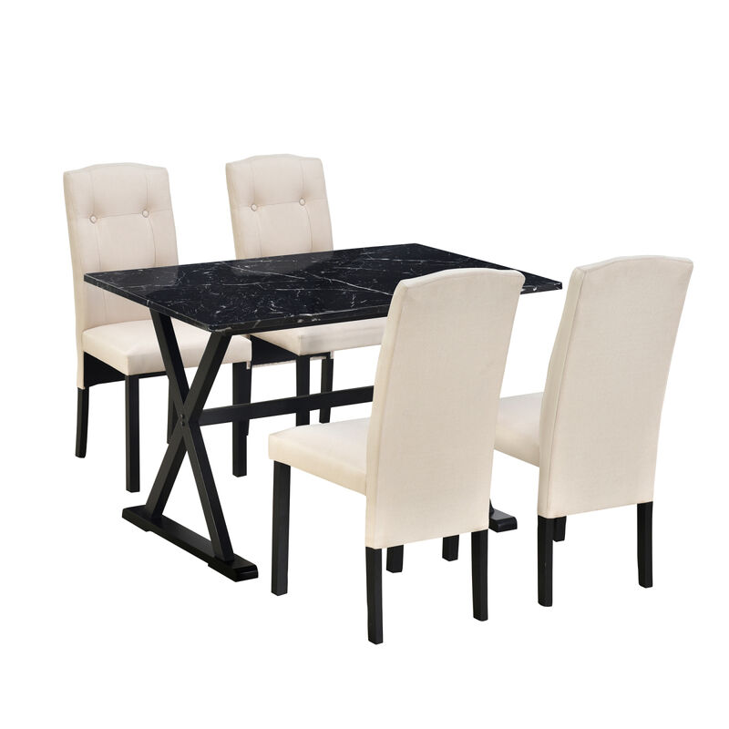 Solid Wood 5-Piece Dining Table Set with Faux Marble Tabletop and Upholstered Dining Chairs for 4, Faux Marble Black+Beige