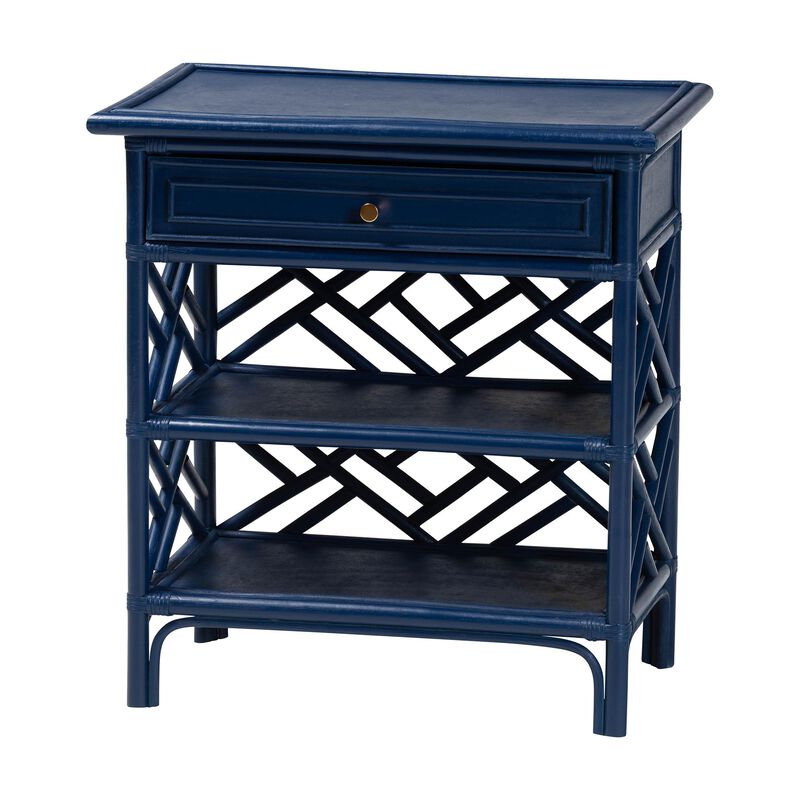 bali & pari Tiaret Natural Rattan Nightstand with Drawer and Shelves – Chippendale-Style Bedside Table for Bedroom or Coastal Living Spaces, Blue