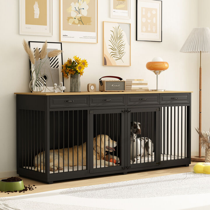 Black Large Dog Crate Furniture Wooden Dog Crate Kennel with 4-Drawers and Divider Dog Crates for 2 Large Dogs, 86.6 in.