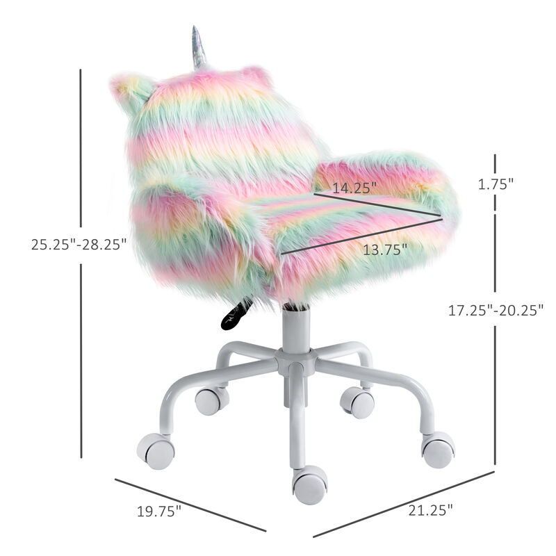 HOMCOM Fluffy Unicorn Office Chair with Mid-Back and Armrest Support, 5 Star Swivel Wheel White Base, Rainbow