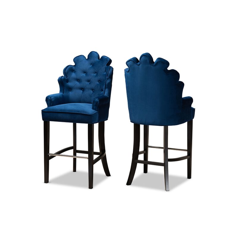 Baxton Studio Chloe Modern and Contemporary Navy Blue Velvet Upholstered and Dark Brown Finished Wood 2-Piece Bar Stool Set