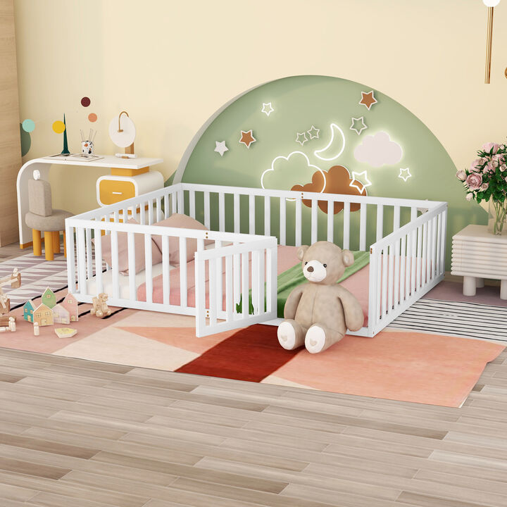 GOODSILO Kids Floor Bed Frame with Safety Door and Fence for Creative Play Space and Cozy Sleeping Area