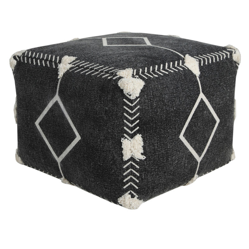 Hivvago 18 Inch Black Cotton Geometric Pouf Ottoman