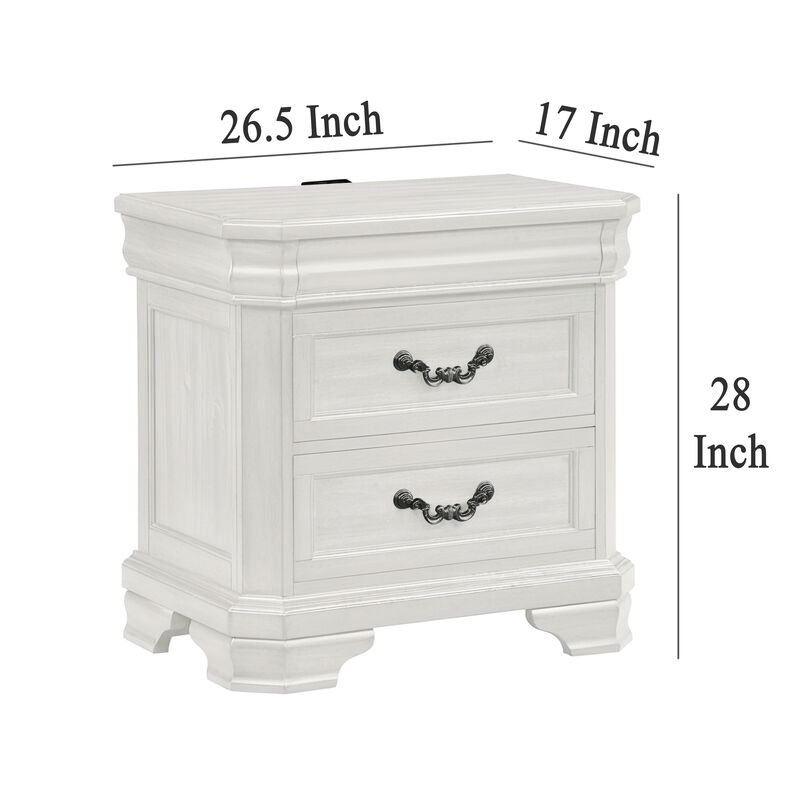 Lynda Nightstand, 2 Drawers Metal Handles, White Acacia Wood 27 Inch