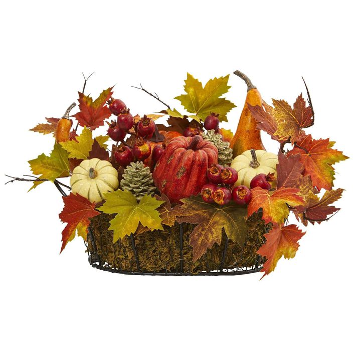 Nearly Natural 9-in Pumpkin, Gourd, Berry and Maple Leaf Artificial Arrangement