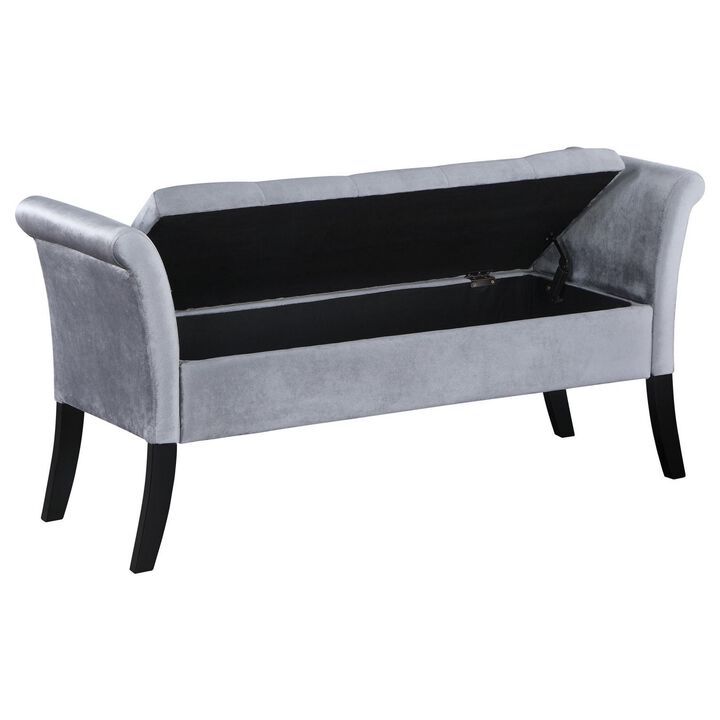 Ako 52 Inch Storage Bench, Button Tufting, Flared Arms, Gray Upholstery - Benzara