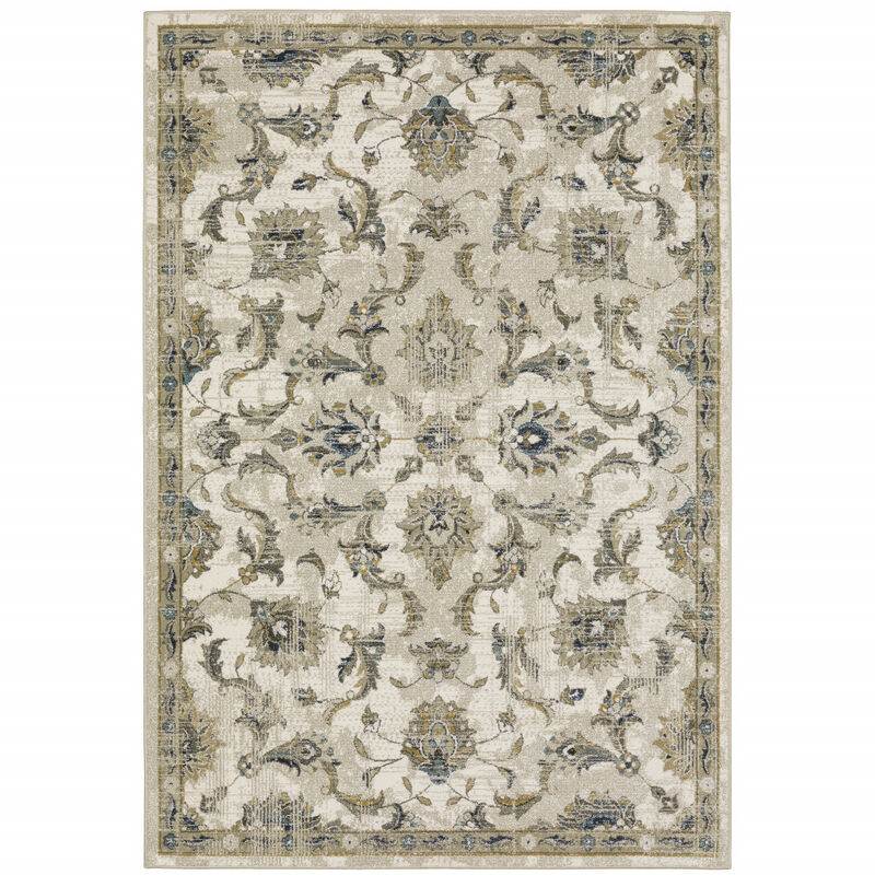 4 X 6 Beige gold Blue And grey Oriental Power Loom Stain Resistant Area Rug