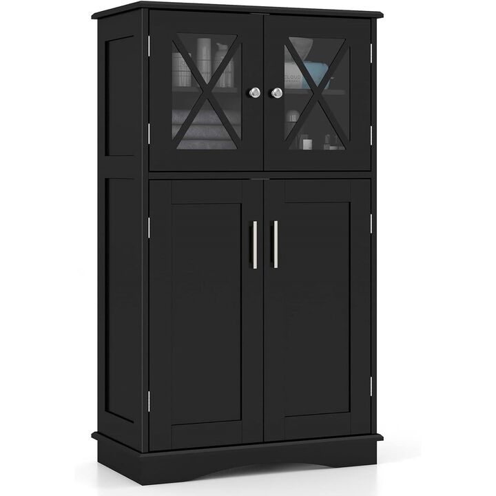 Hivvago Black Bathroom Towel Linen Cabinet with Glass Doors and Storage Shelves