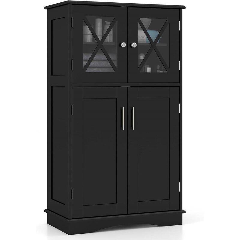 Hivvago Black Bathroom Towel Linen Cabinet with Glass Doors and Storage Shelves