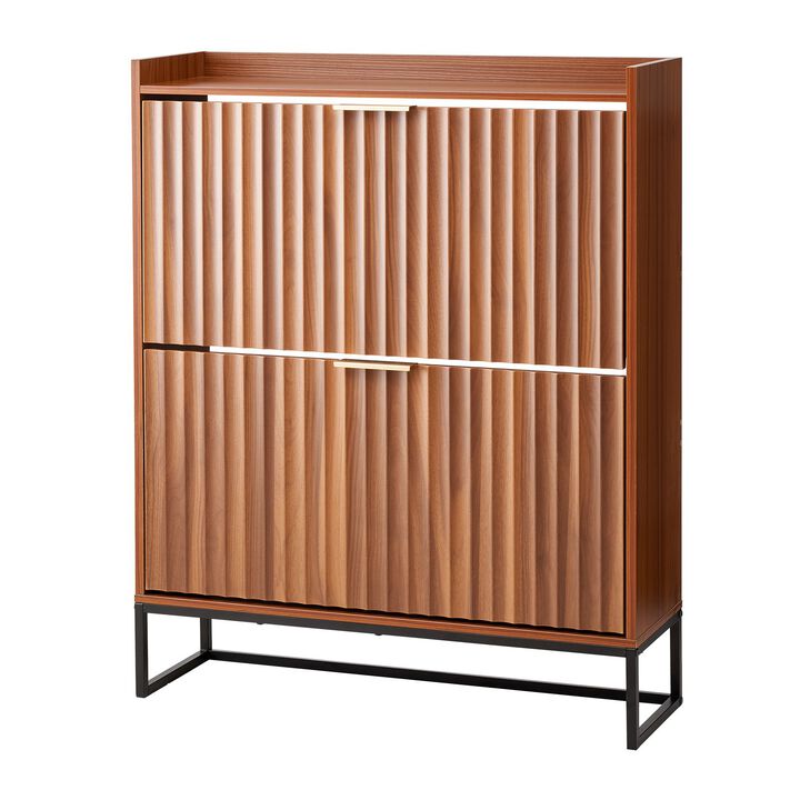 Mid-Century 2-Drawer Shoe Cabinet with Anti-Tip, Freestanding Walnut Shoe Rack