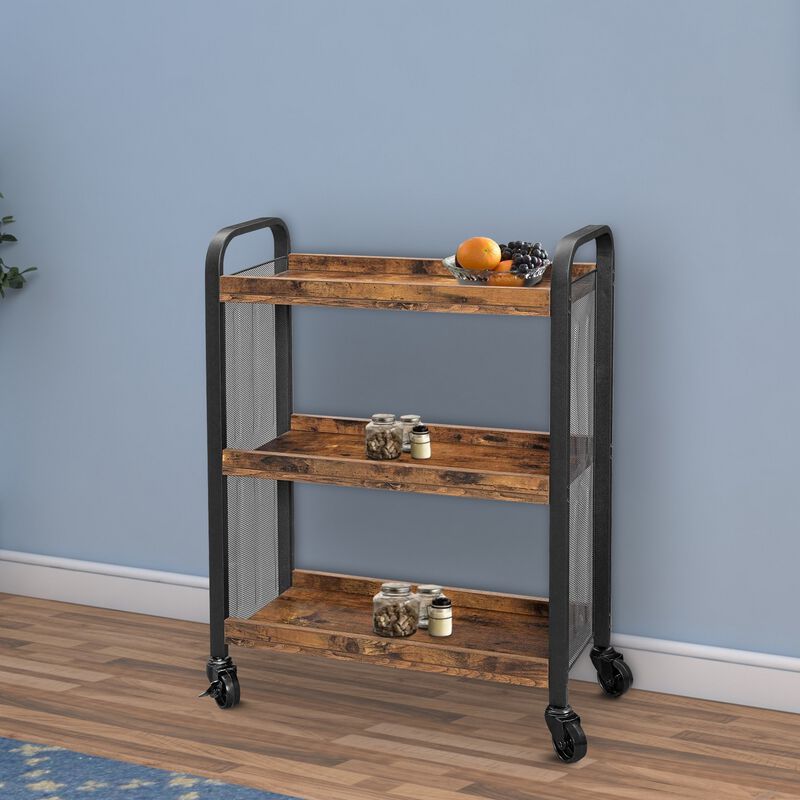 3 Tier Wood and Metal Kitchen Cart with Mesh Side Panel, Brown and Black-Benzara