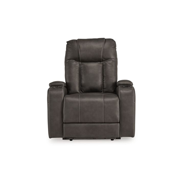 Callum Power Recliner Chair, Adjustable Headrest, Gray Faux Leather - Benzara