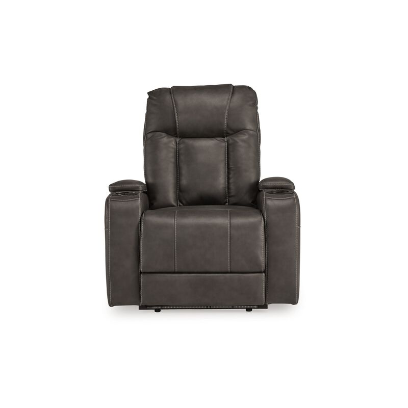 Callum Power Recliner Chair, Adjustable Headrest, Gray Faux Leather - Benzara