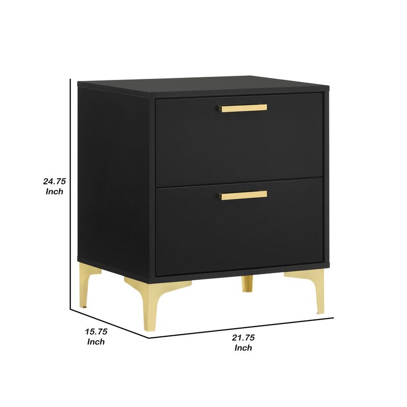 Lif 25 Inch Modern 2 Drawer Nightstand, Gold Metal Accents, Jet Black  - Benzara
