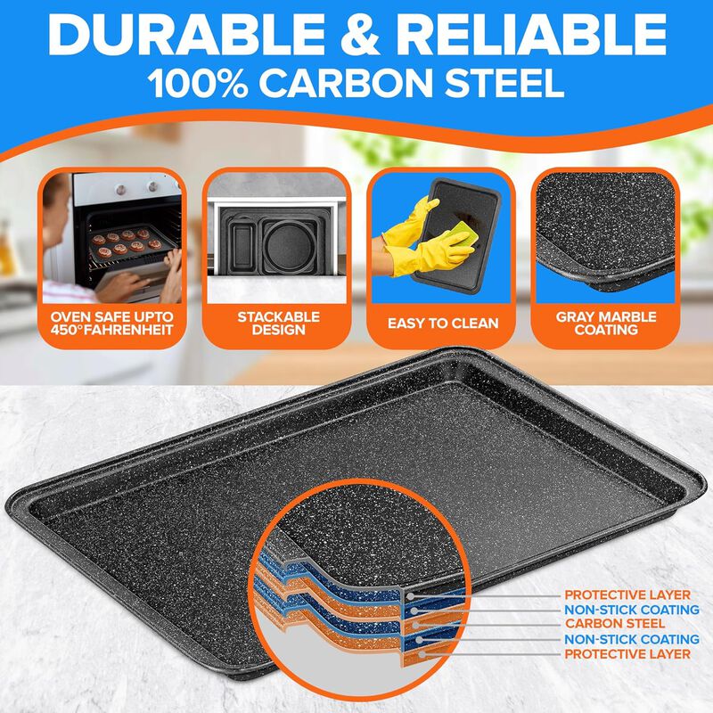 Stackable Baking Pan Set - Nonstick Gray Marble Coating, Carbon Steel Bakeware Sets, PFOA, PFOS, PTFE Free, Recipe Booklet Included, Oven Safe Tray (Up To 450° F), Set of 10 - Gray