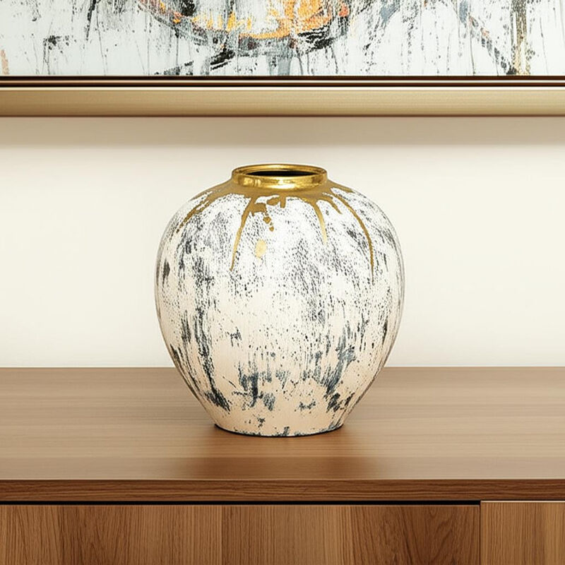HomeRoots 12" Gray Ivory And Gold Modern Abstract Ceramic Table Vase image number 1