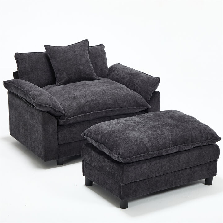 44.5 Inch Modern Chenille Accent Chair with Ottoman, Single Upholstered Reading Armchair