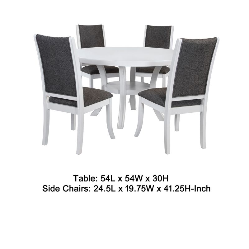 Judy 5pc Round Dining Table Set, Flared Legs, Gray Fabric, White Wood - Benzara