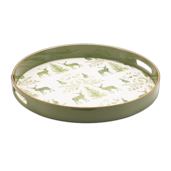 HomeRoots 14" Green White And Gold Woodland Scene Round Serving Tray With Handles
