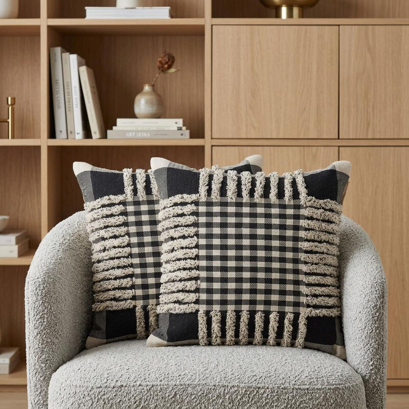 HomeRoots Set of Two Black and Ivory Plaid Cotton Throw Pillow With Fringe image number 1