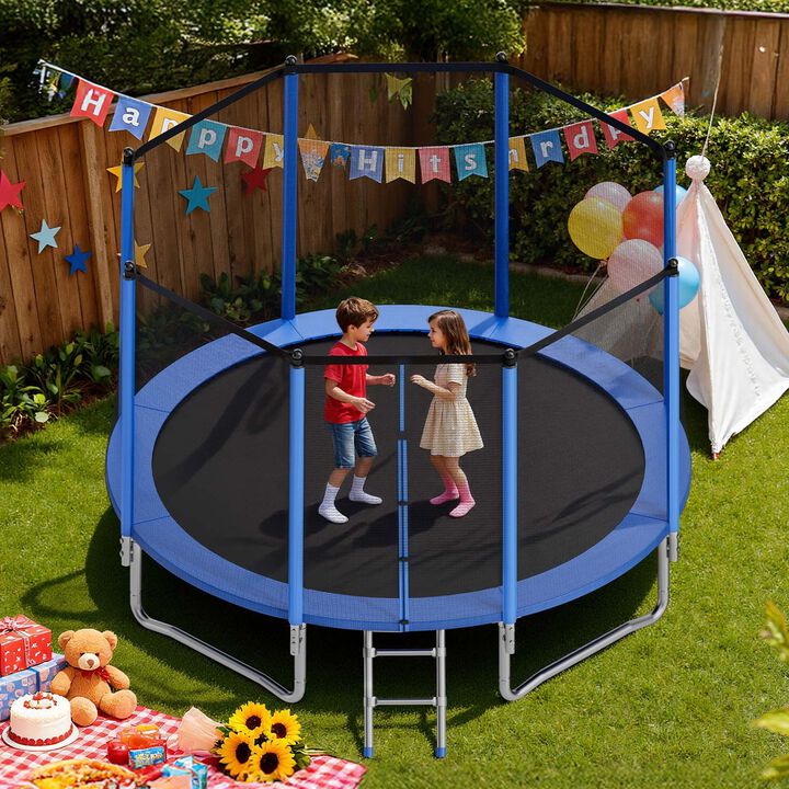 Heavy Duty Outdoor Trampoline with Enclosure Net, Round Backyard Trampoline for Kids & Adults-Blue