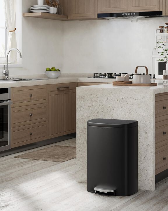 Rustproof Stainless Steel Step-On Trash Can with Lid, Inner Bucket & Rear Handle &ndash; Hands-Free, Durable for Kitchen & Bathroom.
