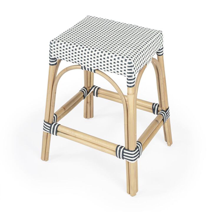 Butler Specialty Robias Rectangular Rattan 24.5 Counter Stool, White and Navy Stripe