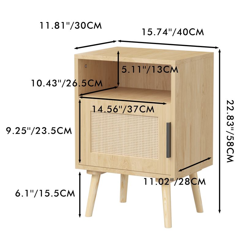 22.83" Assembled Rattan Nightstand with Door Open Shelf Solid Wood Legs image number 9