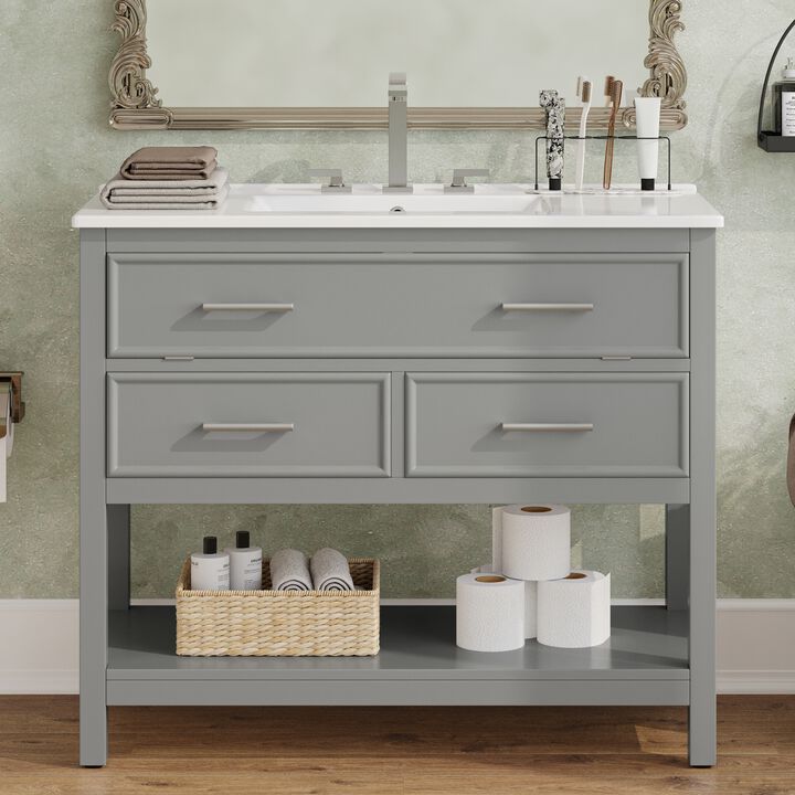 TATEUS 36-Inch Bathroom Vanity with Ceramic Sink Tip-Out Tray and Full-Extension Drawers