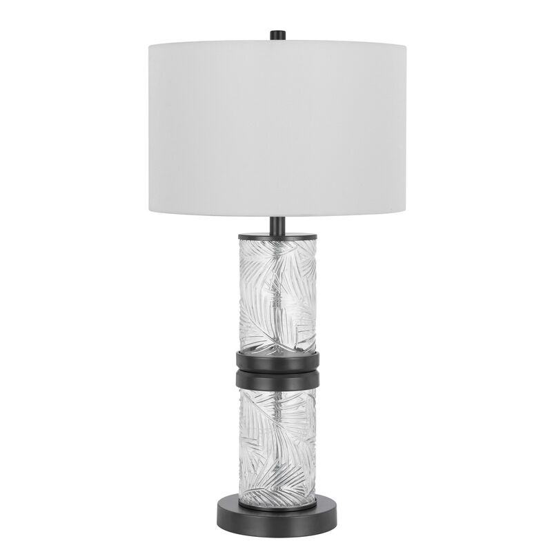 Hem 31 Inch Table Lamp with Drum Hardback, LED, Leafy Glass, Gray Metal - Benzara