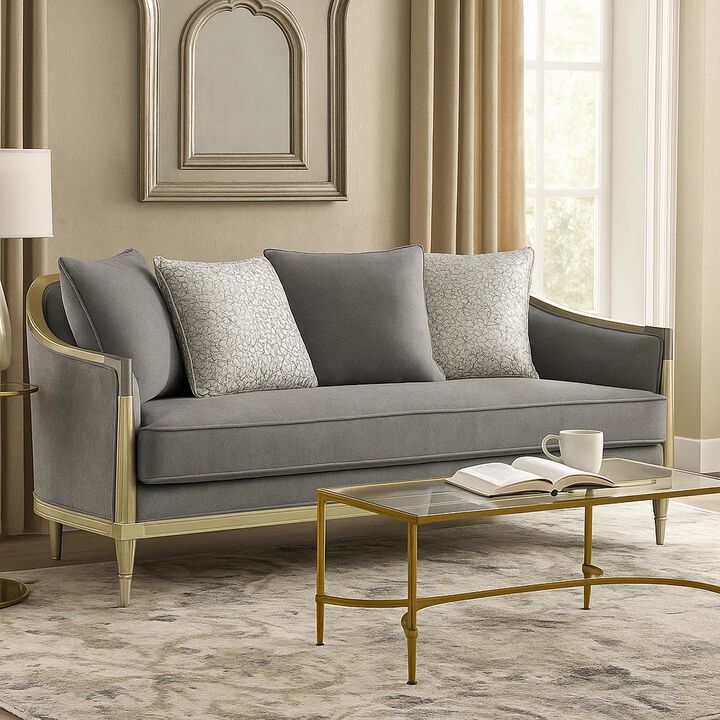 Fero Loveseat with 4 Pillows, Gray Chenille, Champagne Wood Trim, 71 Inch