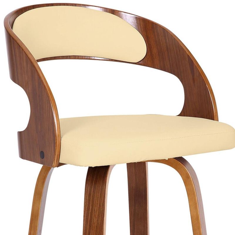 Hivvago 30 Inch Cream and Brown Fabric and Iron Low Back Bar Height Swivel Bar Chair