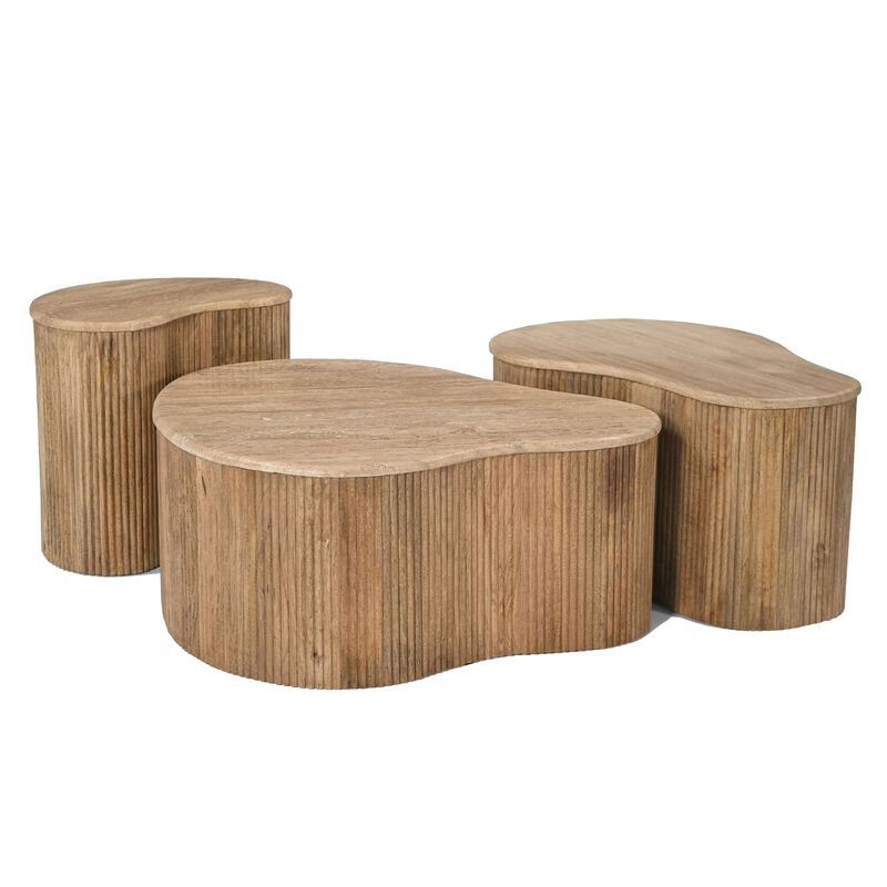 Cid Ata Coffee Table Set of 3, Beige Marble, Artisan Solid Mango Wood image number 2