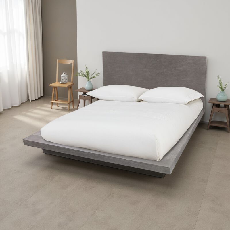 Nels King Size Platform Bed, Light Gray Acacia Wood, Platform Plinth Base  - Benzara