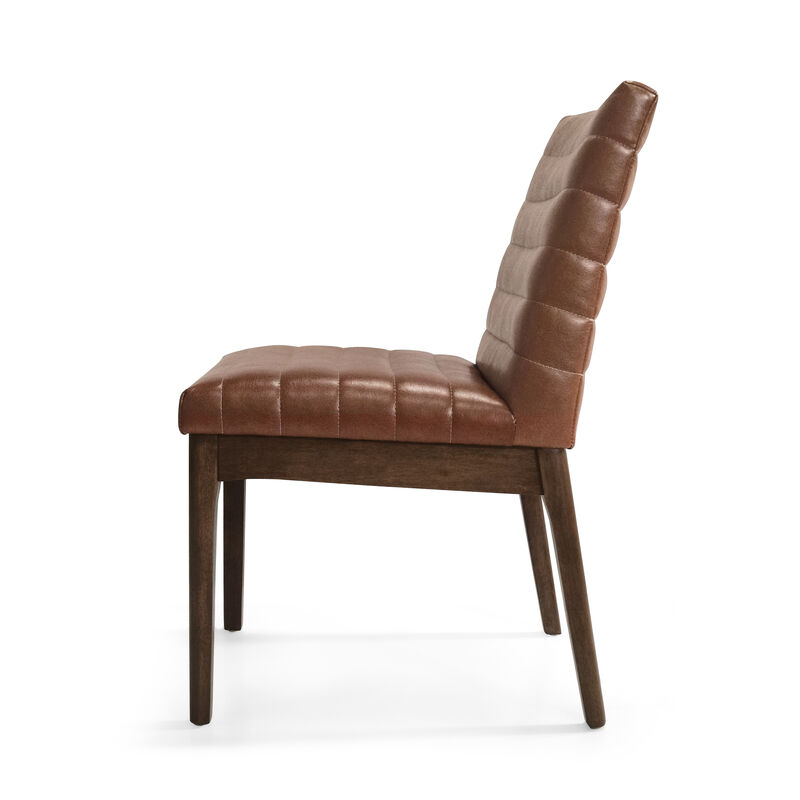 Lissa Dining Chair, Channel Stitching, Brown Polyester Cushions, Wood Legs - Benzara