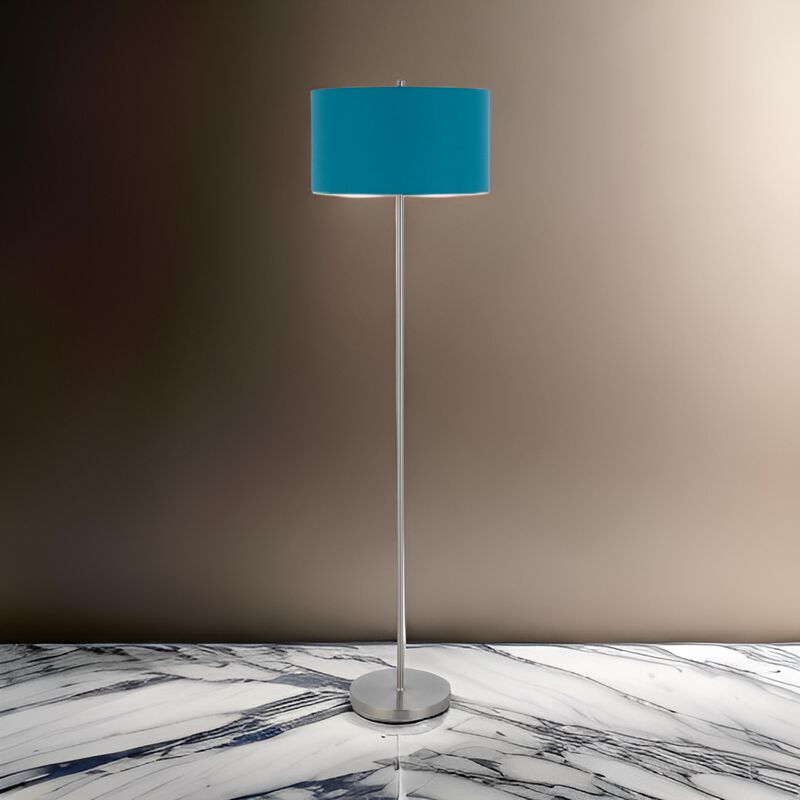 Sie 59 Inch Floor Lamp, Aqua Blue Linen Shade, Round Base, Silver Metal - Benzara