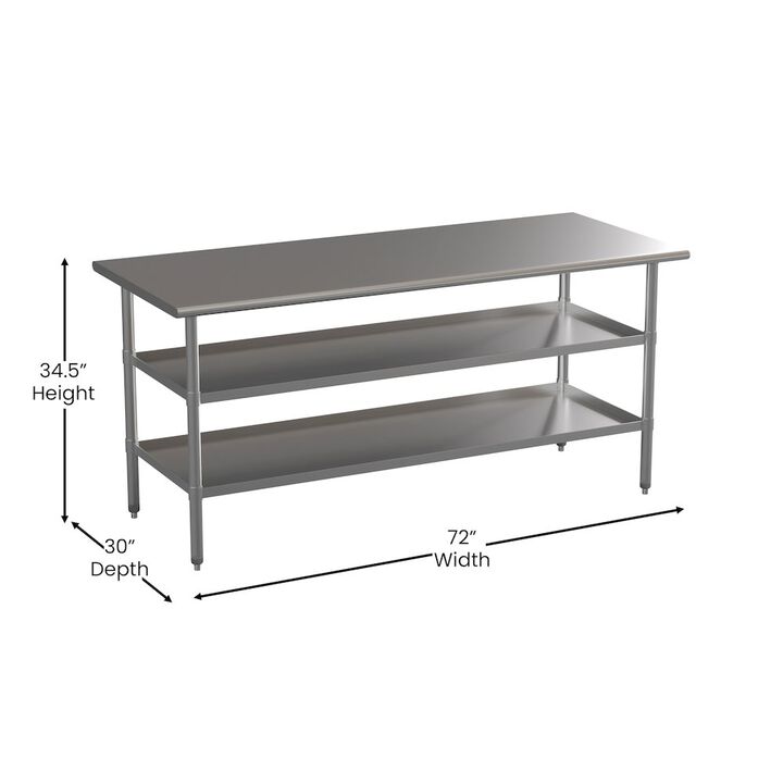 Flash Furniture l Stainless Steel 18 Gauge Work Table with 2 Undershelves