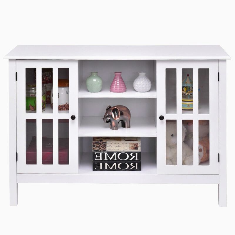 Hivvago White Wood Sofa Table Console Cabinet with Tempered Glass Panel Doors