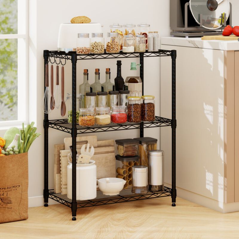 3-Tier Metal Storage Shelving Unit 450 LBS Capacity with V-Shaped Wire Rack and Hooks image number 1