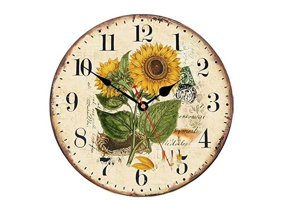 Sunflower Vintage Country Floral Wooden Wall Clock 14 Inch Silent Non Ticking